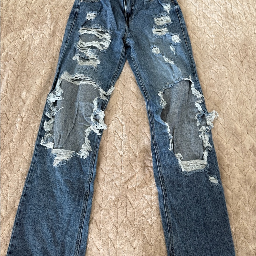 Women's Distressed Blue Straight Leg Jeans